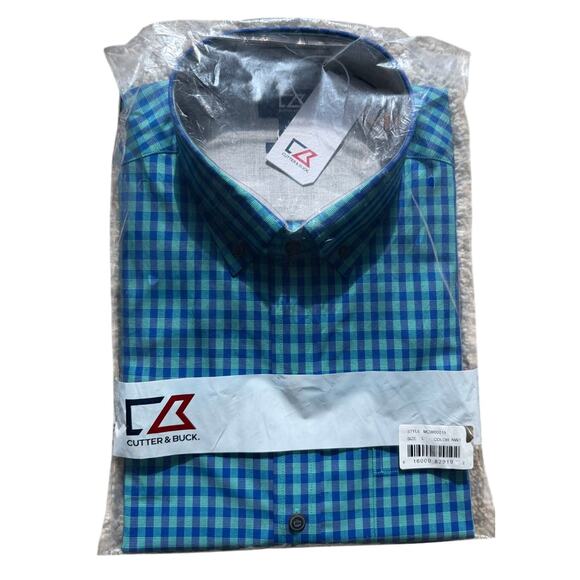 Cutter & Buck Men Non Iron Long Sleeve Shirt Checkered Teal Blue Large NWT - Picture 2 of 6